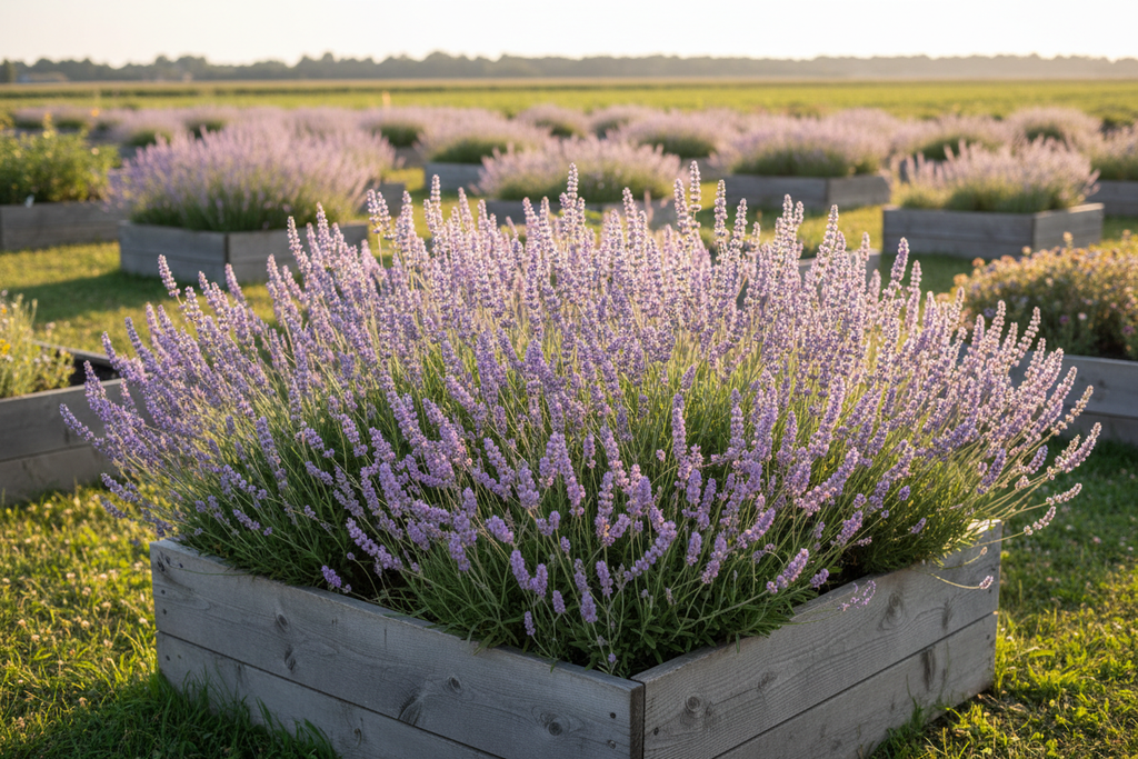 California Sea Lavender growing in raised bed garden with open field background