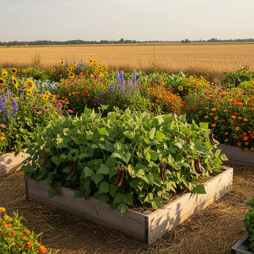 Dark Red Kidney Bean plants growing in raised bed with colorful mixed flowers in background