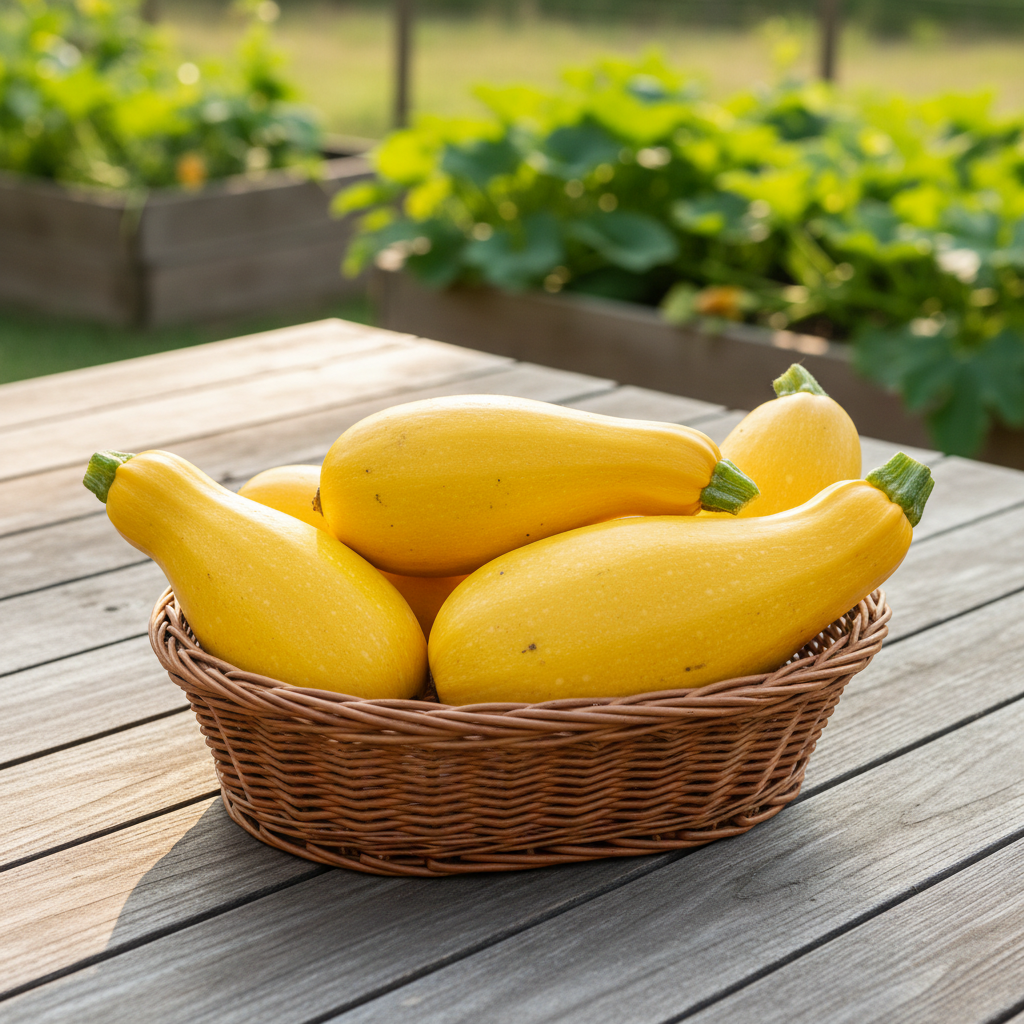 Bright yellow straight-neck squash in an oval basket on a rustic wood table with raised garden beds behind it