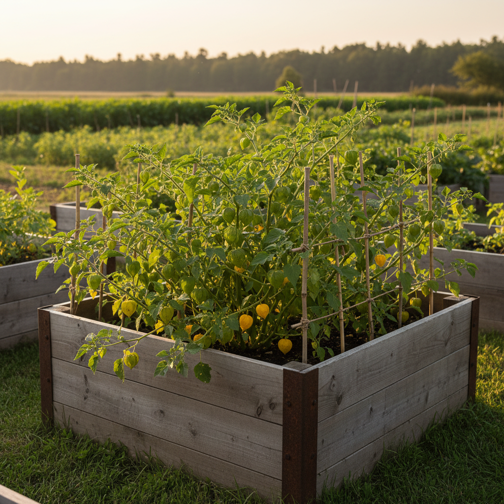 Branching Pineapple Tomatillo plants with small golden fruits in papery husks growing in an angled raised bed with indistinct vegetation and a distant treeline.