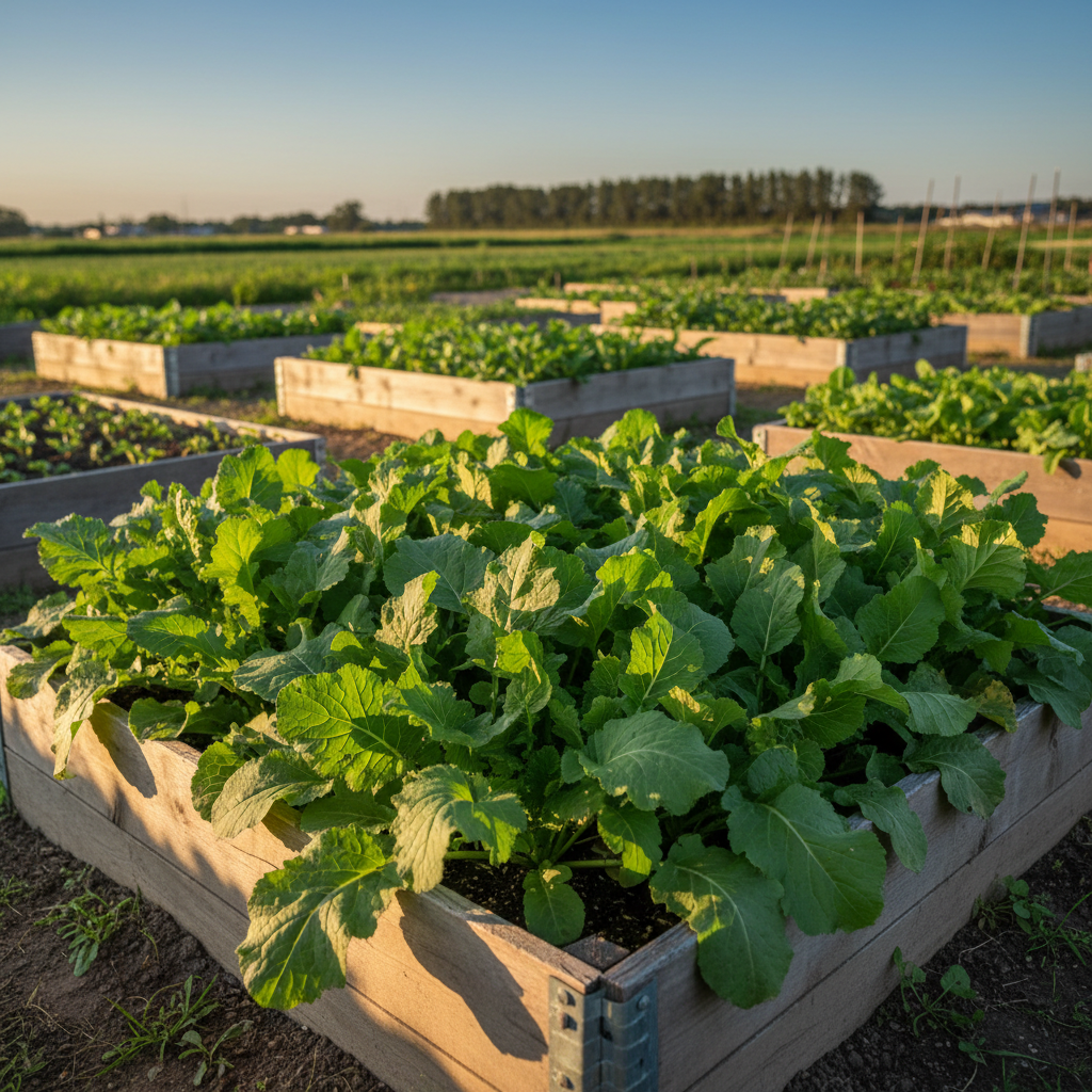 Japanese Tennouji Kabura turnip foliage growing densely in a raised bed with roots hidden beneath the soil