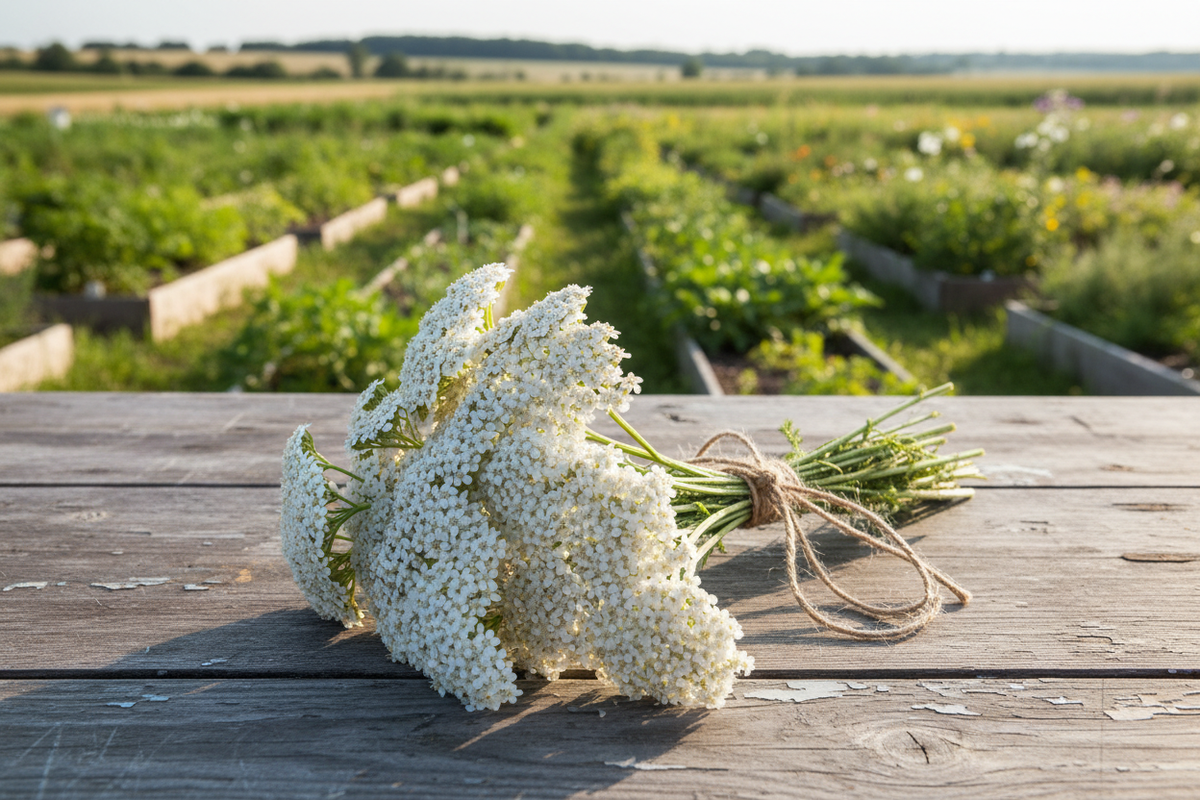 White yarrow bundle tied with twine on rustic wooden table