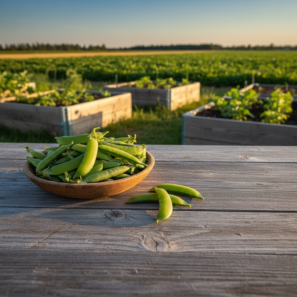 Fresh green Cascadia sugar snap pea pods on a rustic farm table