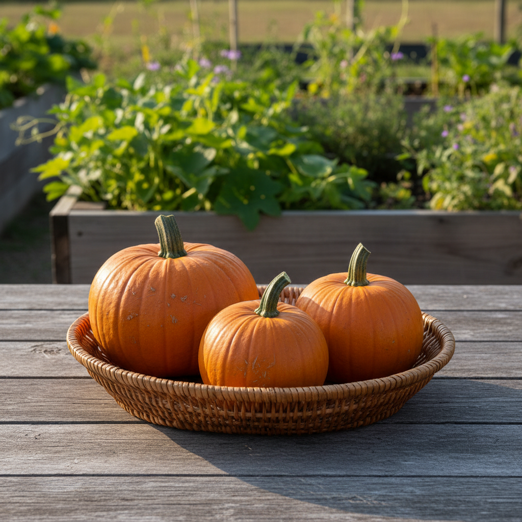 Three whole orange Spookie pumpkins in an oval basket on a rustic wood table with raised garden beds behind it