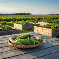 Harvested Clemson Spineless okra pods in a basket on a rustic farm table