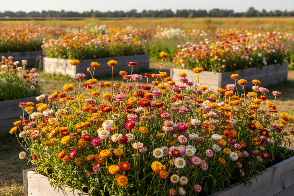 Tall Mixed Strawflower growing in raised bed garden with open field background