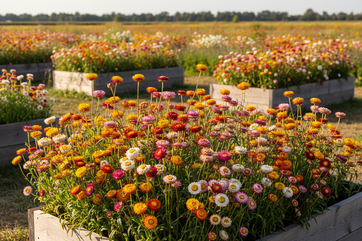 Tall Mixed Strawflower growing in raised bed garden with open field background