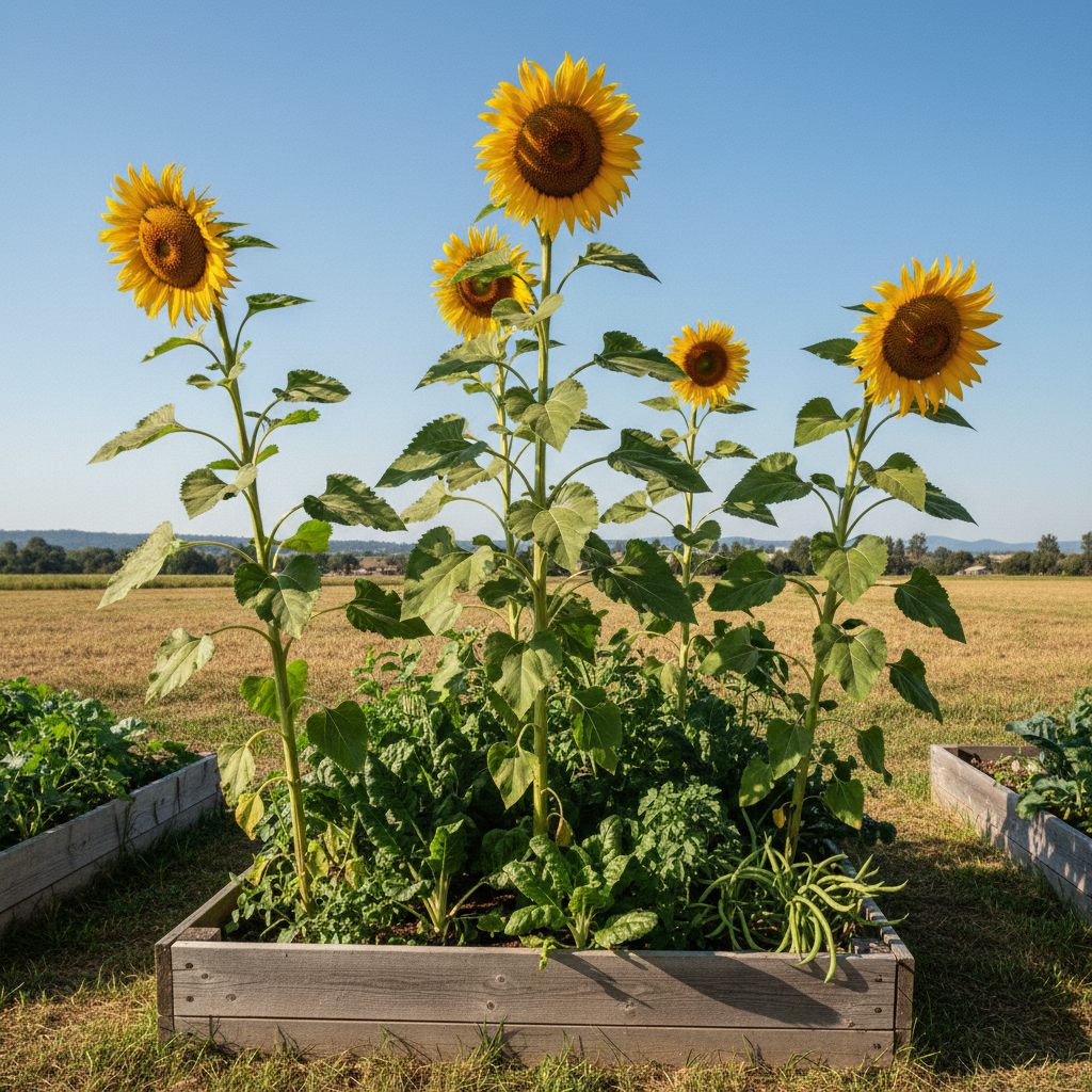 Tall Mammoth Russian Sunflowers growing above a raised bed with large yellow heads and green garden vegetation