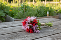 Bee balm mix bundle tied with twine on rustic wooden table