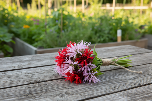 Bee balm mix bundle tied with twine on rustic wooden table