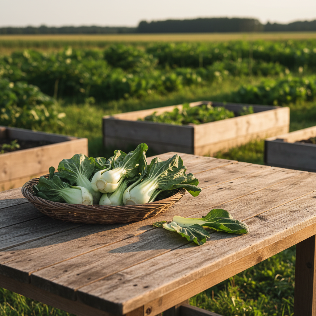Freshly harvested Shanghai Pak Choi in a shallow rustic basket on a weathered wooden table with raised beds, indistinct green vegetation, and a distant treeline.