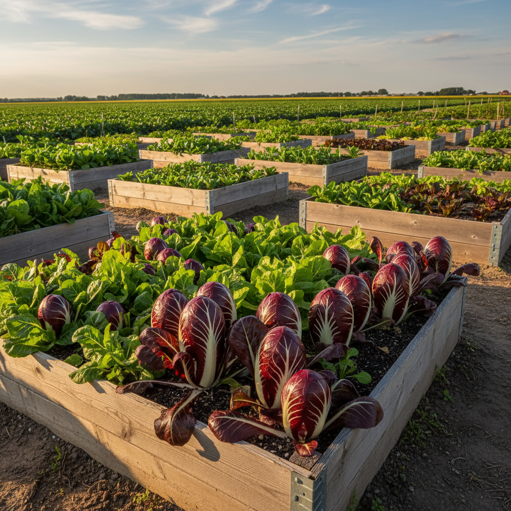 Rouge de Verona radicchio growing in a raised garden bed with deep burgundy heads