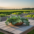 Harvested Morris Heading collard leaves in a shallow basket on a rustic farm table