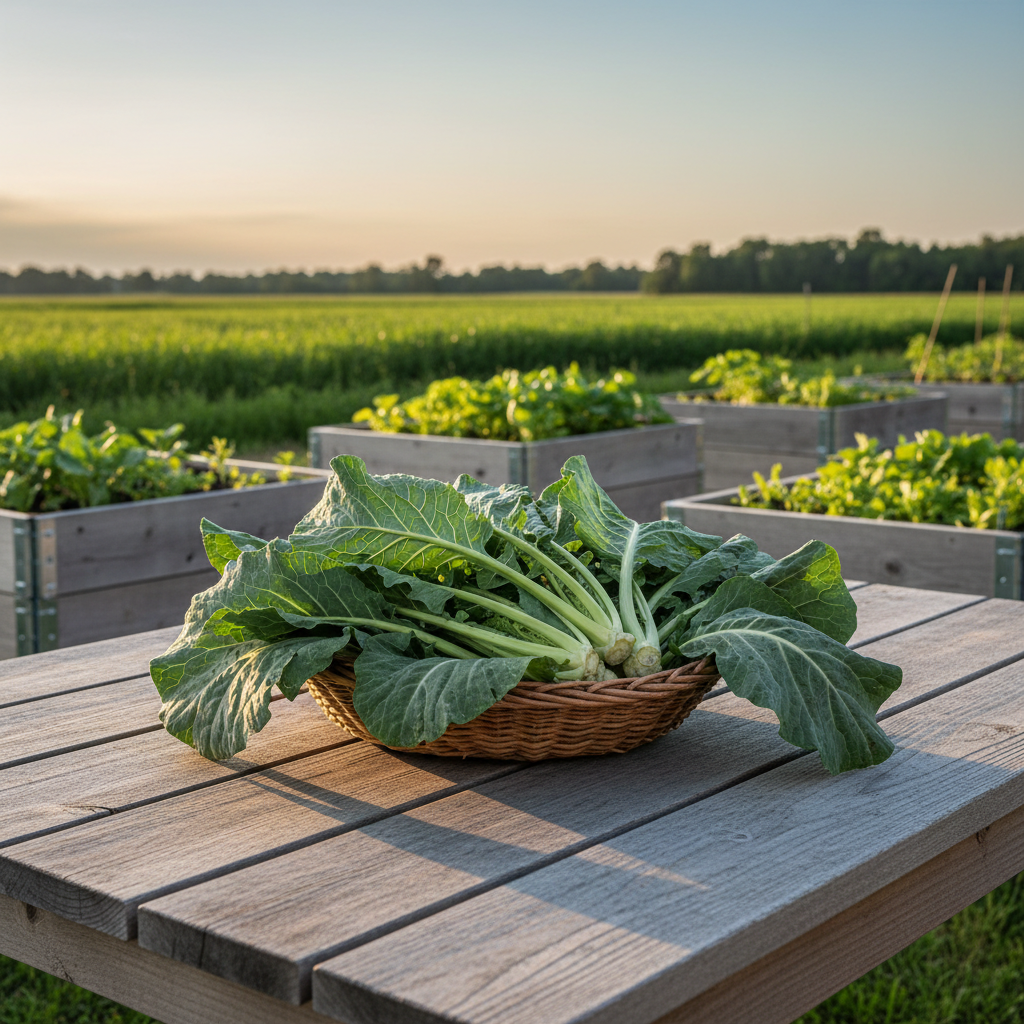 Harvested Morris Heading collard leaves in a shallow basket on a rustic farm table
