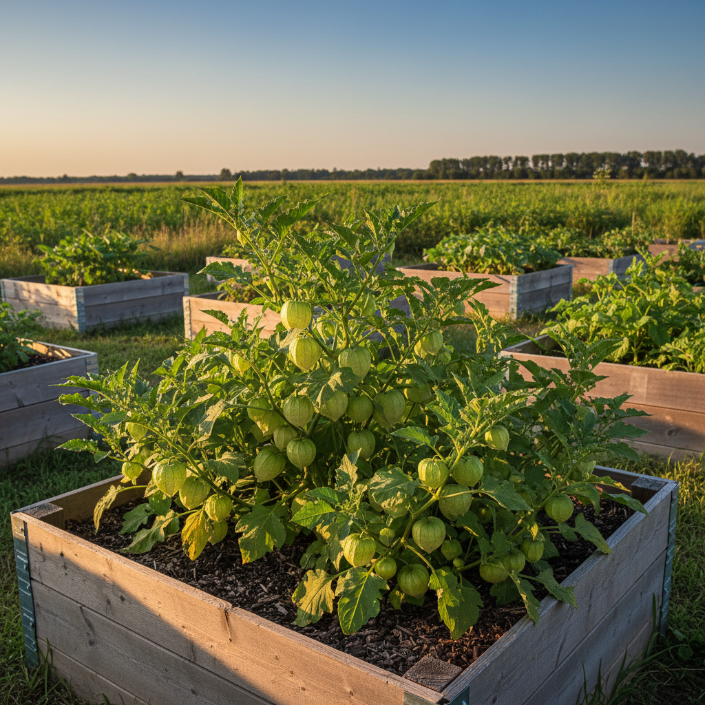 Grande Rio Verde tomatillos growing on branching plants in a raised bed