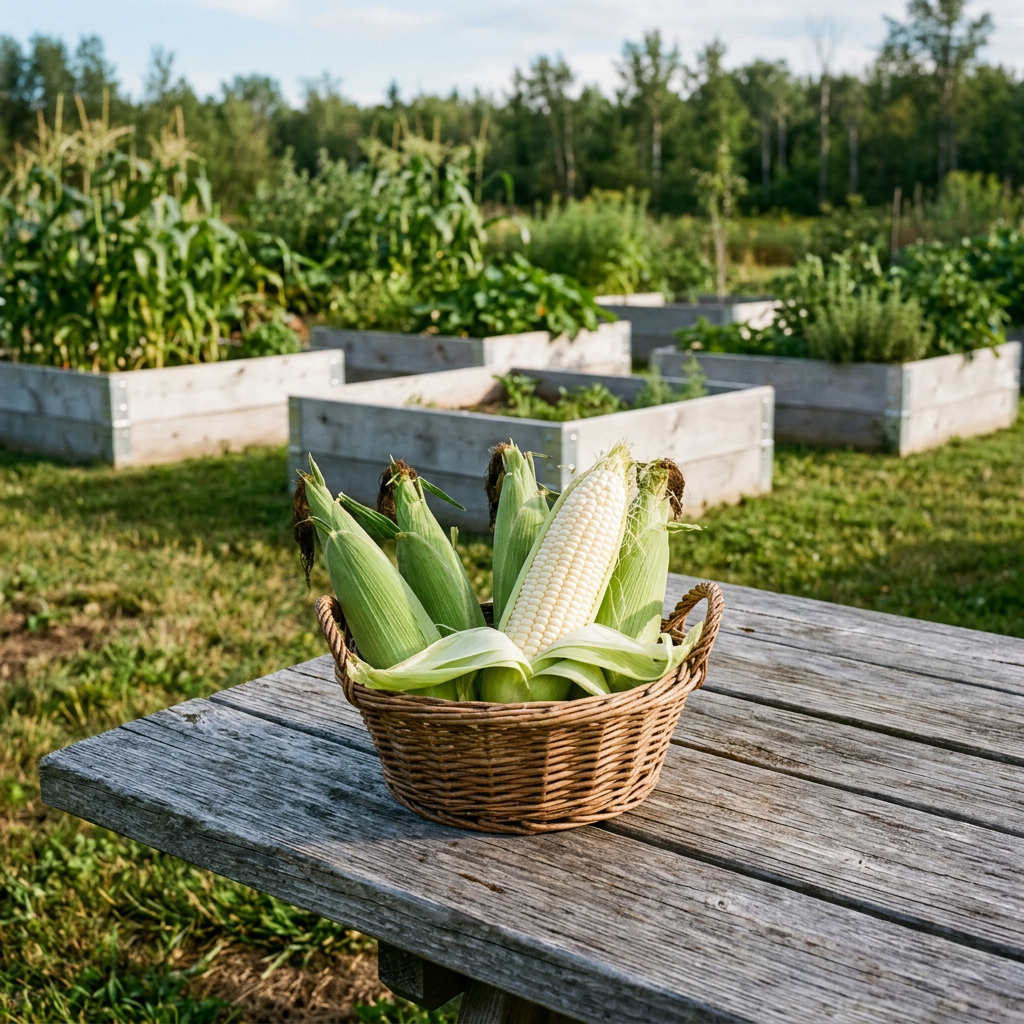 Fresh white Stowell's Evergreen sweet corn ears in a basket on a weathered garden table