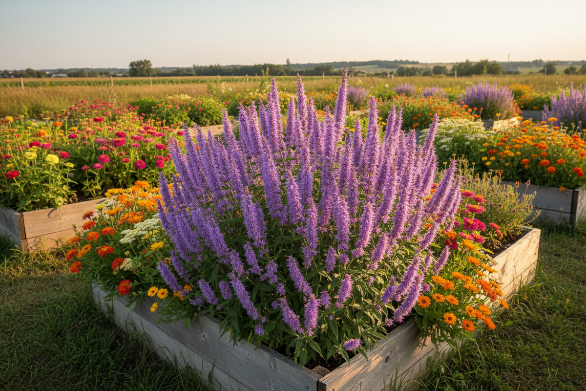 Purple anise hyssop growing in raised bed with colorful mixed flowers in surrounding beds