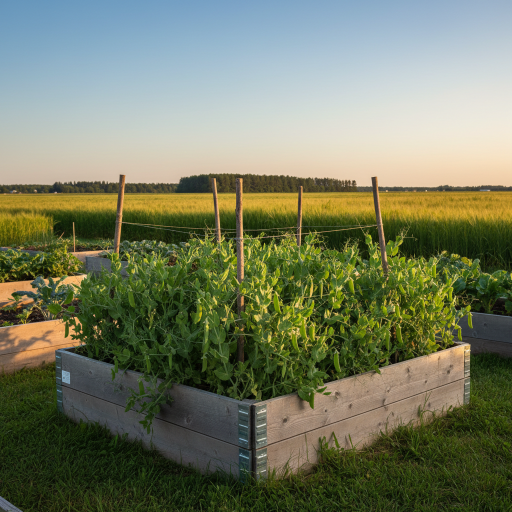 Compact Cascadia sugar snap pea vines growing on a low garden trellis