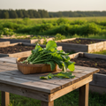 Freshly harvested Seven Top Turnip greens in a rustic basket on a weathered table with raised beds and a distant treeline, with only small secondary roots visible.