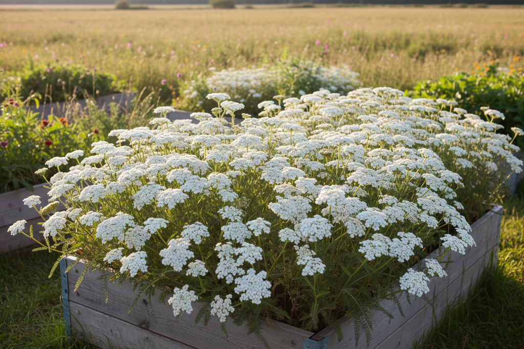 White yarrow growing in raised bed garden with open field background