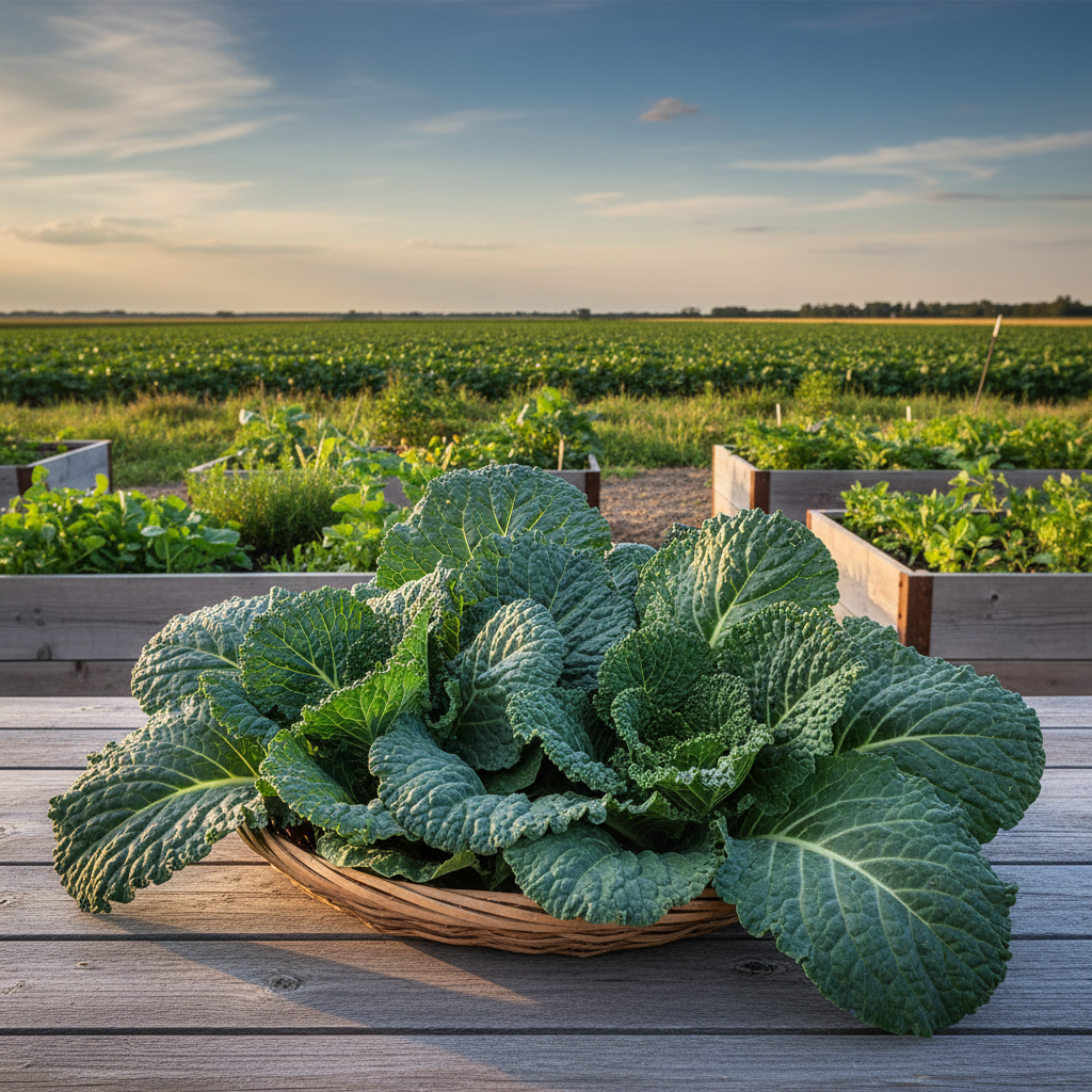 Harvested Georgia Southern collard greens with broad blue-green leaves in a rustic basket