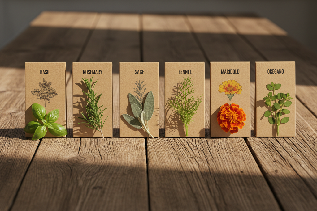 Warm & Spicy herb blend — six seed packets in a row with fresh herb sprigs on rustic wooden table