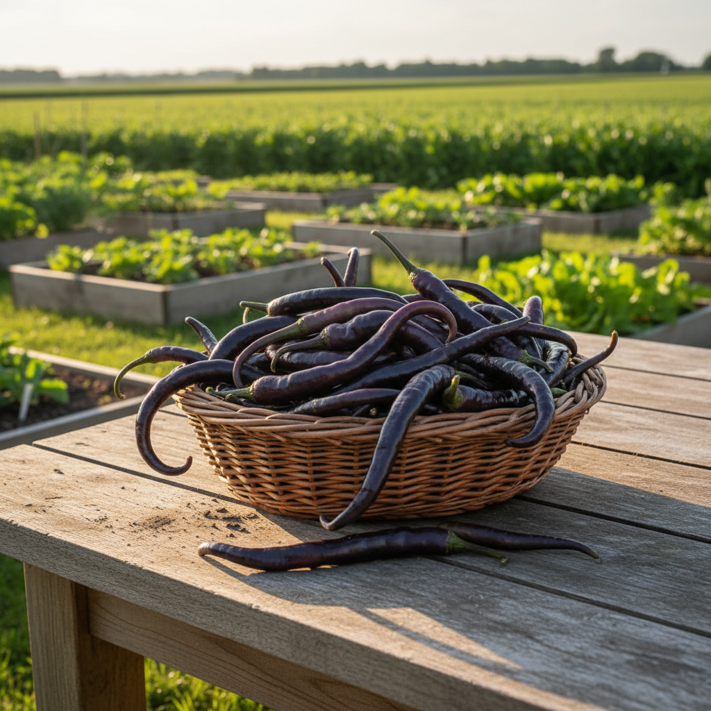 Long slender purple Cayenne peppers in a wicker harvest basket on a garden table