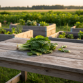 Freshly harvested Barese Swiss Chard with smooth dark green leaves and pale stems on a weathered rustic table with raised beds and a distant treeline.