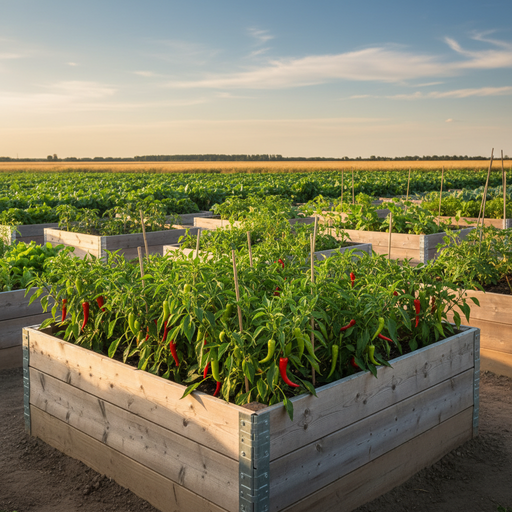 Cayenne Long Thin pepper plants growing in a raised garden bed with green fields behind them