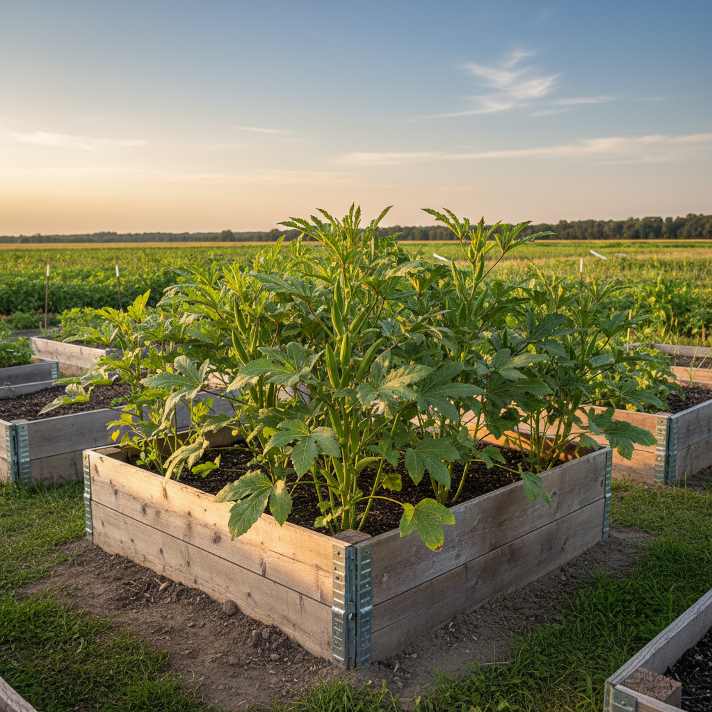 Clemson Spineless okra growing as upright bushy plants in a raised bed