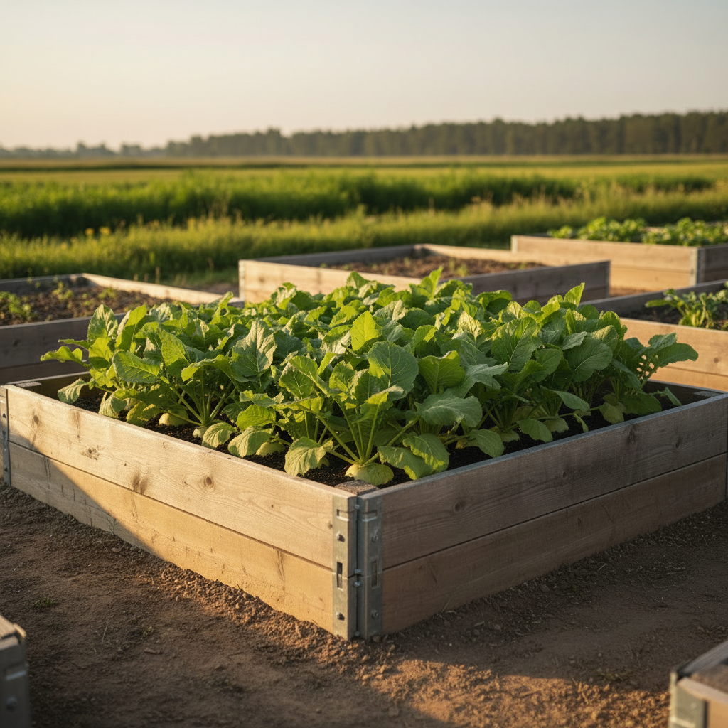 Shogoin turnip leafy canopy growing in an angled raised bed with indistinct green vegetation and a distant treeline behind it.