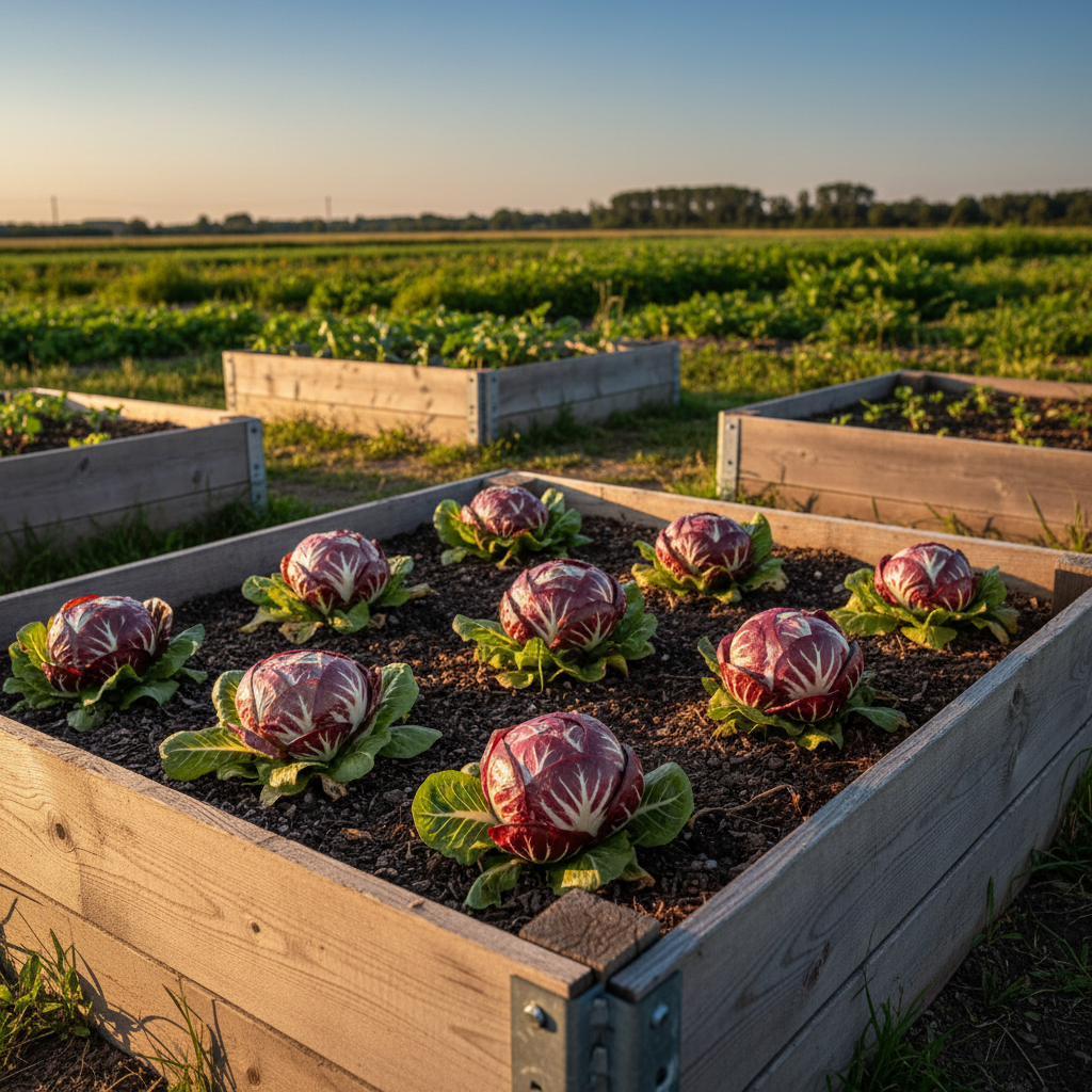 Palla Rose radicchio growing as compact rose-burgundy heads in a raised bed