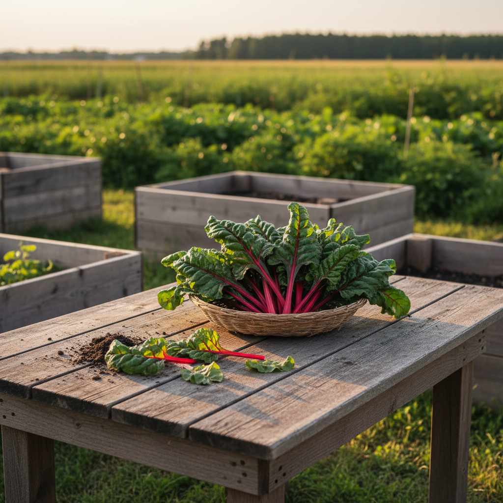 Freshly harvested Ruby Red Swiss Chard with dark green leaves and vivid ruby stems in a rustic basket on a weathered table with raised beds and a distant treeline.