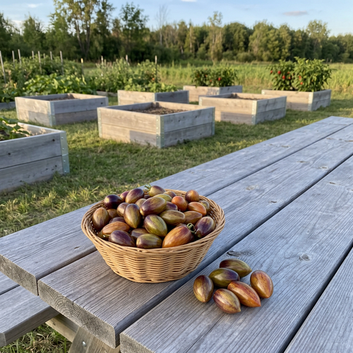 Brad's Atomic Grape tomatoes with purple shoulders and bronze-orange stripes in a basket on a weathered garden table.