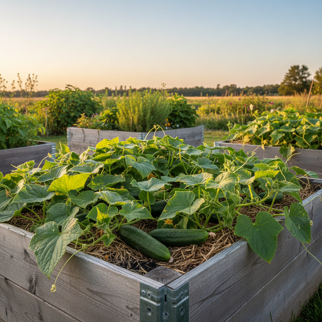 Straight 8 cucumbers developing on sprawling vines in a raised garden bed
