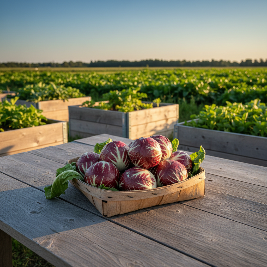 Harvested Palla Rose radicchio heads in a basket on a rustic farm table