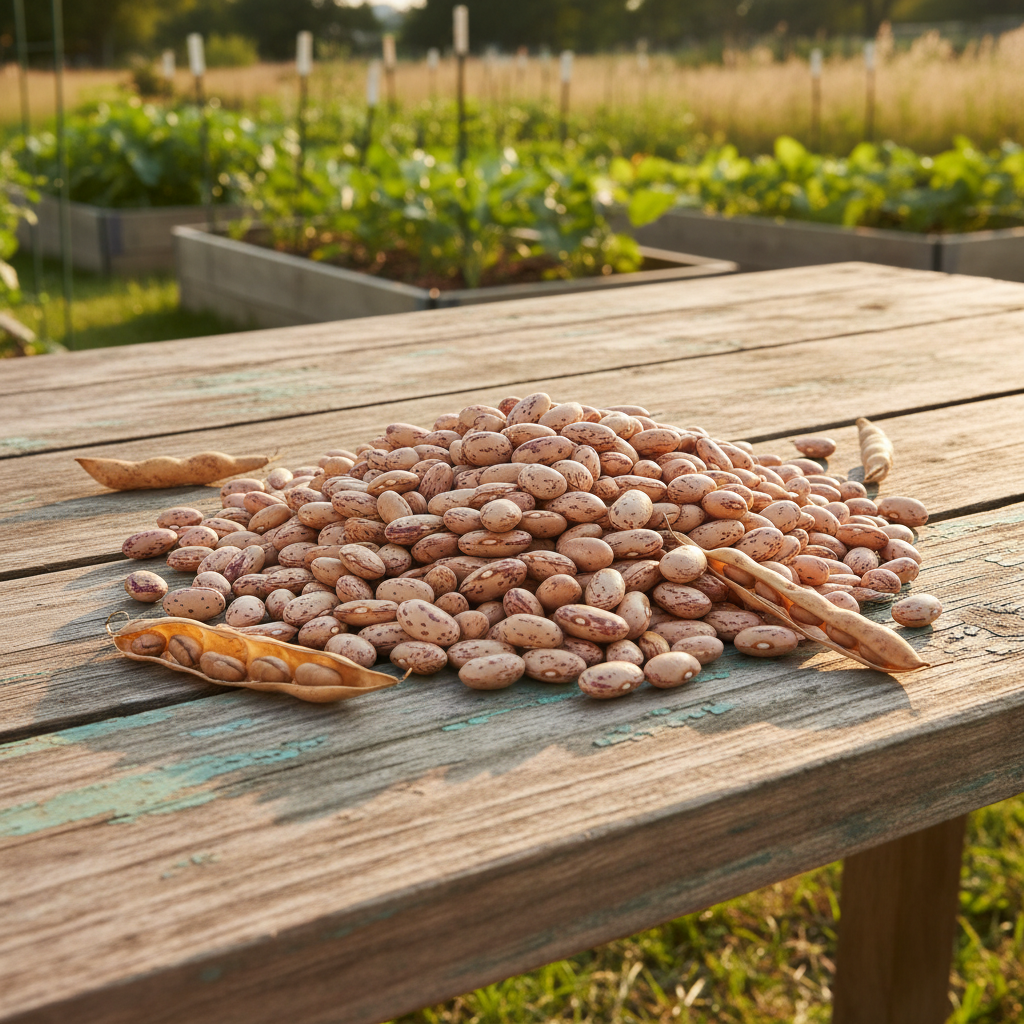 Pinto beans with speckled beige and brown pattern displayed on rustic wooden table with garden background