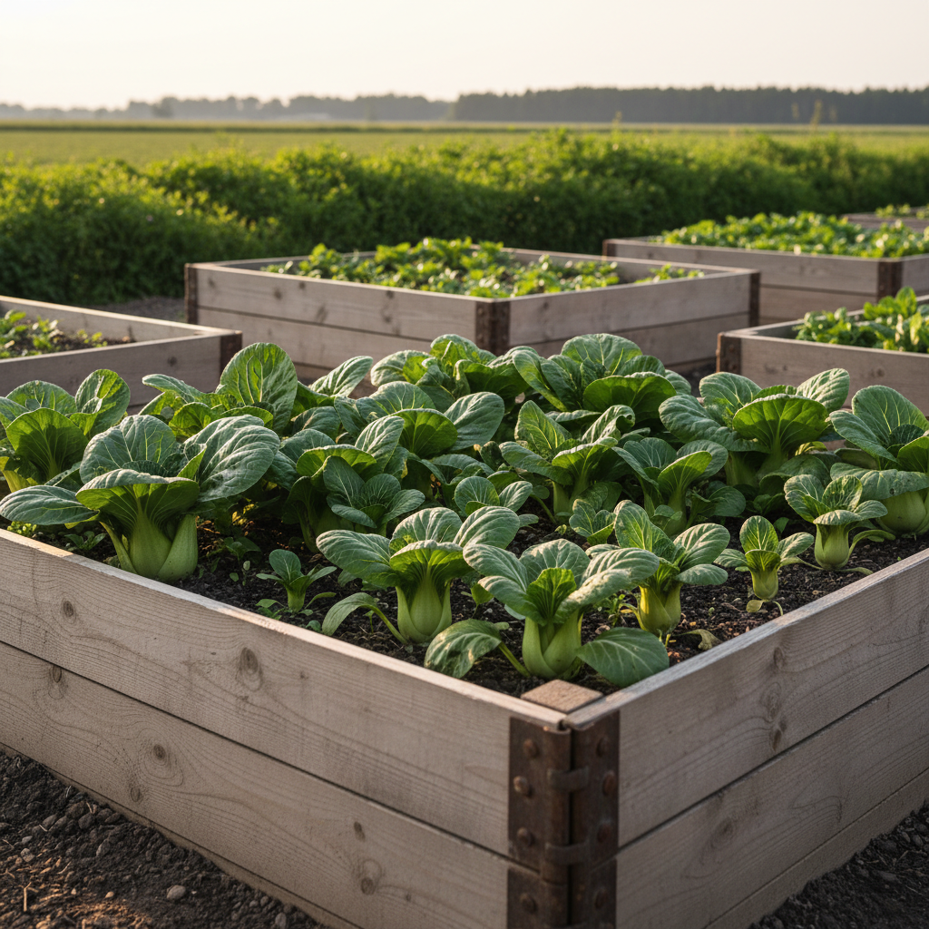 Shanghai Pak Choi growing in an angled raised bed with pale green stems, dark green leaves, indistinct vegetation, and a distant treeline.