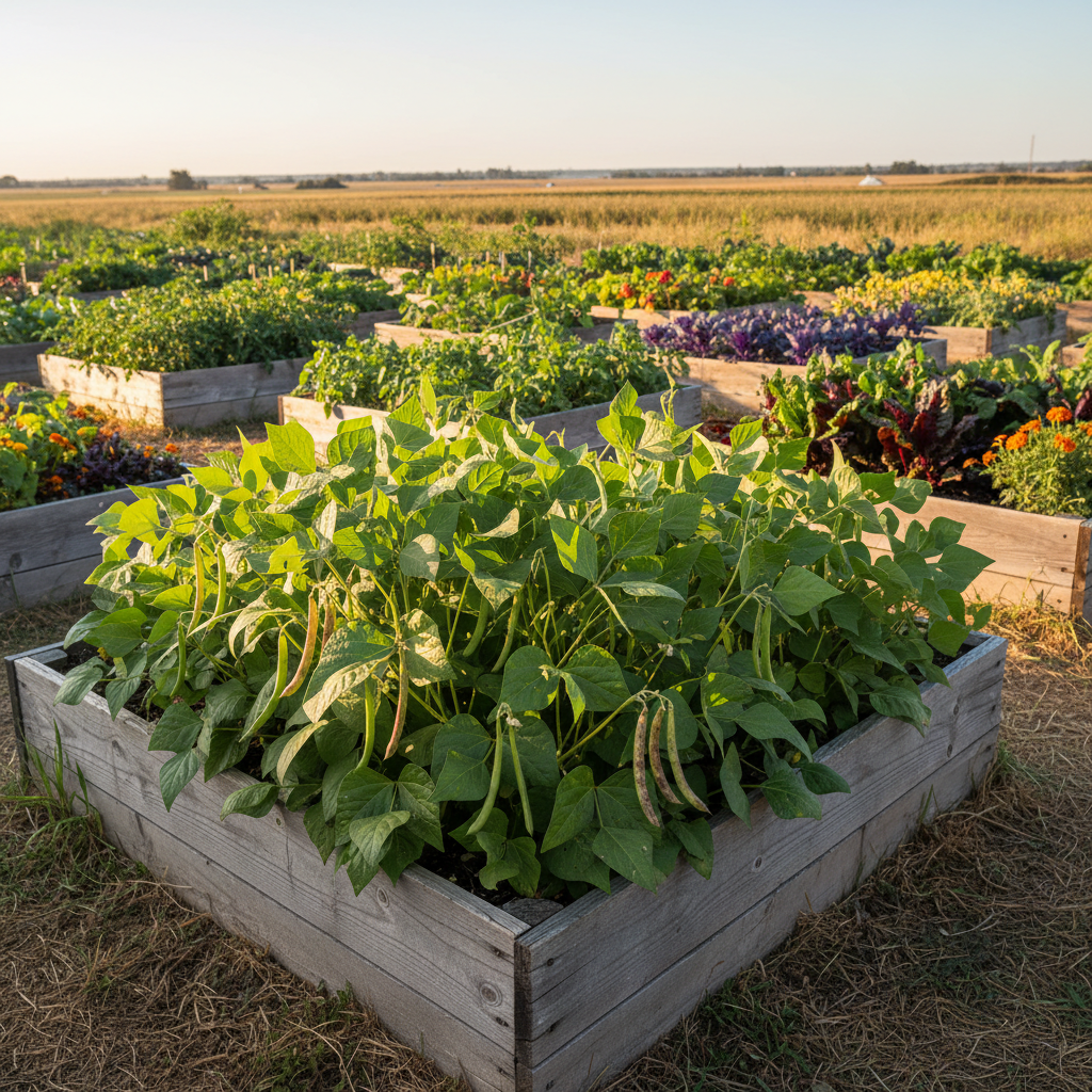 Pinto bean plants growing in raised bed with green pods hanging from bushy compact plants