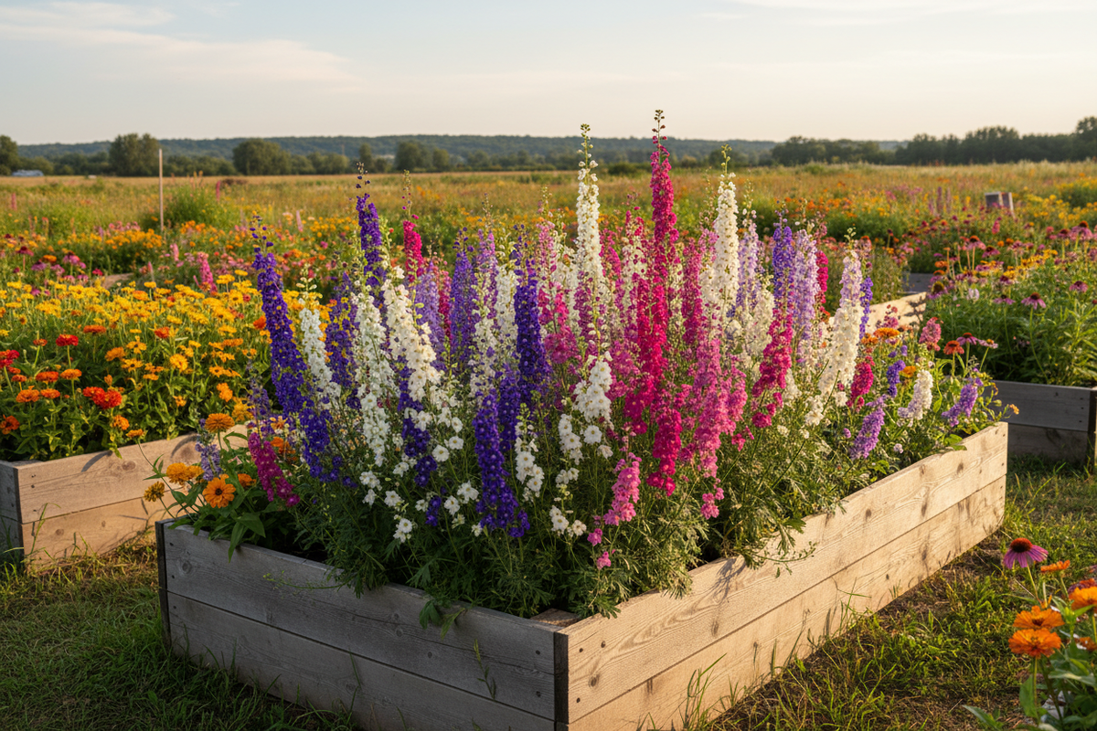 Mixed rocket larkspur growing in raised bed with colorful mixed flowers in surrounding beds