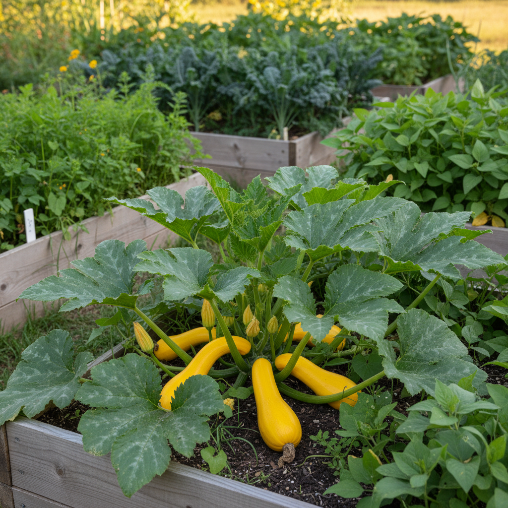 Early Yellow Straight Neck Squash growing as a compact bush in a raised bed with yellow fruit and green garden vegetation