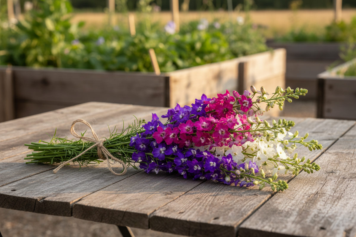 Mixed rocket larkspur bundle tied with twine on rustic wooden table