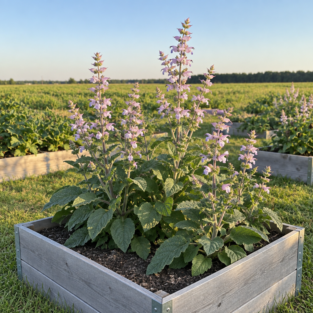Clary Sage flowering in a gray raised bed with open green field behind