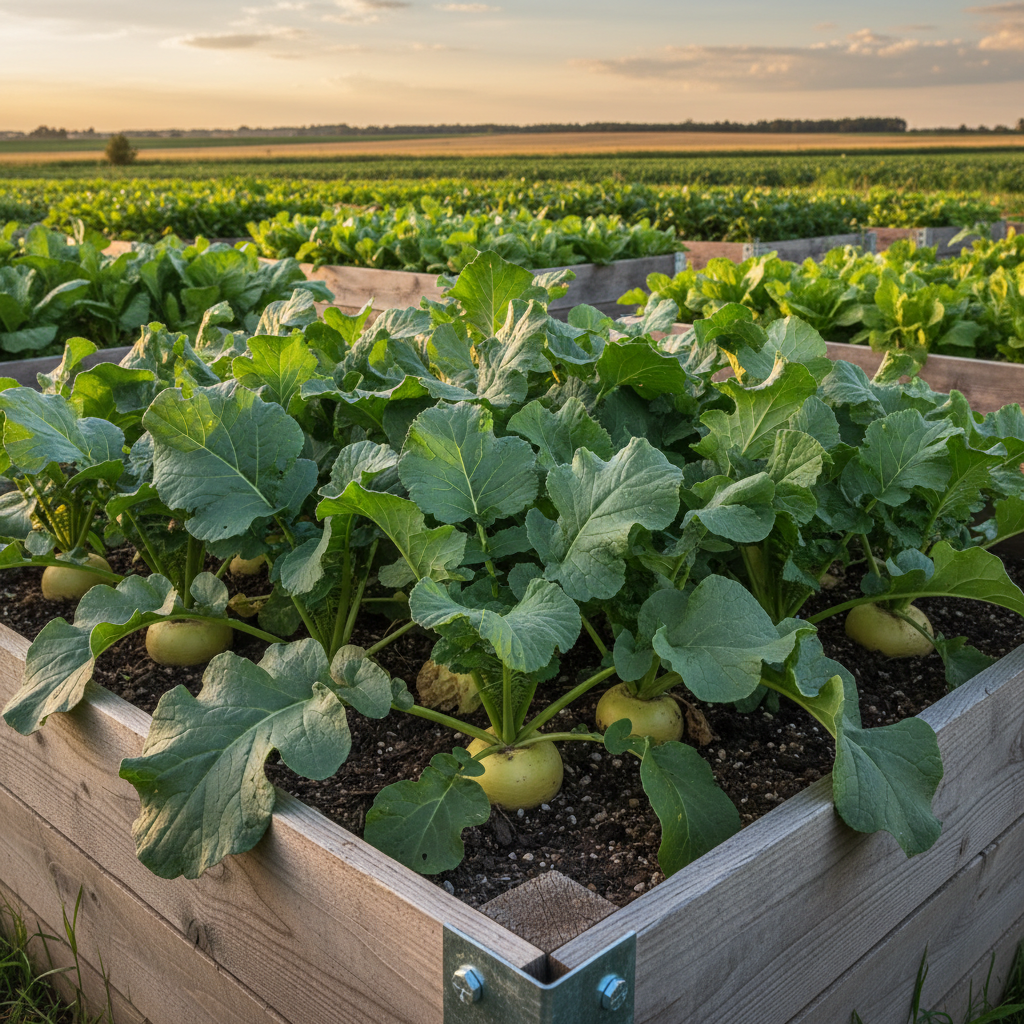 Gold Ball turnips growing in a raised garden bed with leafy tops and only their golden shoulders visible above the soil