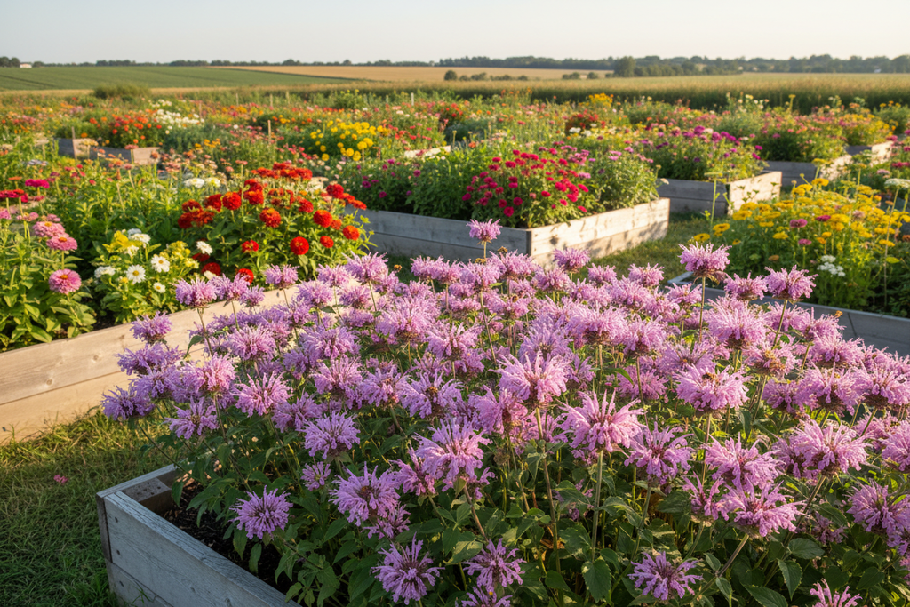 Lemon bee balm growing in raised bed with colorful mixed flowers in surrounding beds