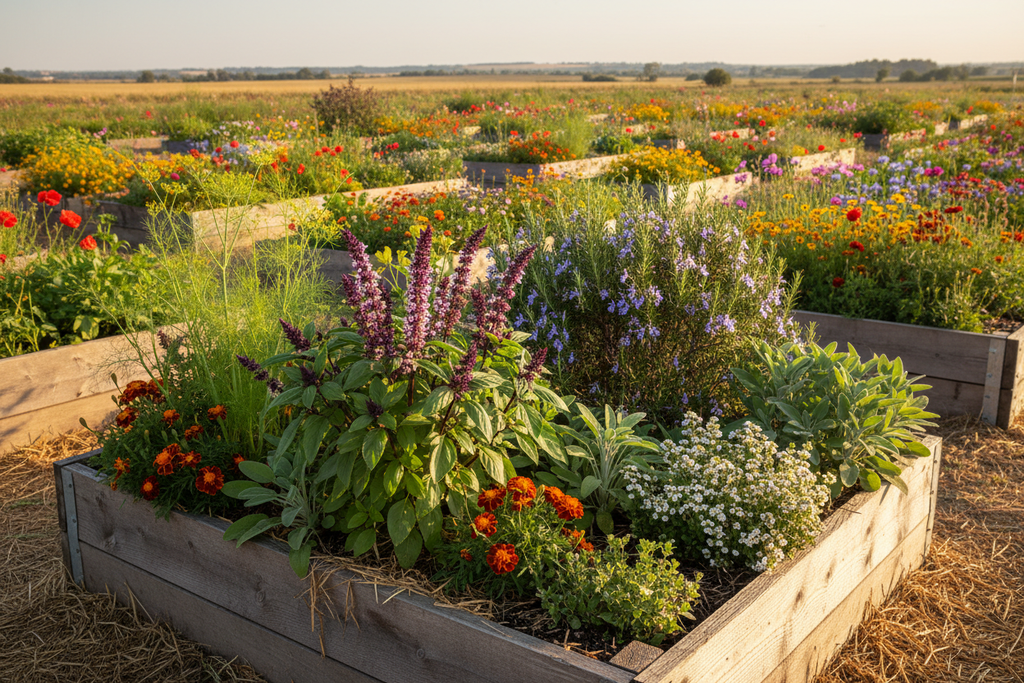 Warm & Spicy herb blend growing in raised bed garden
