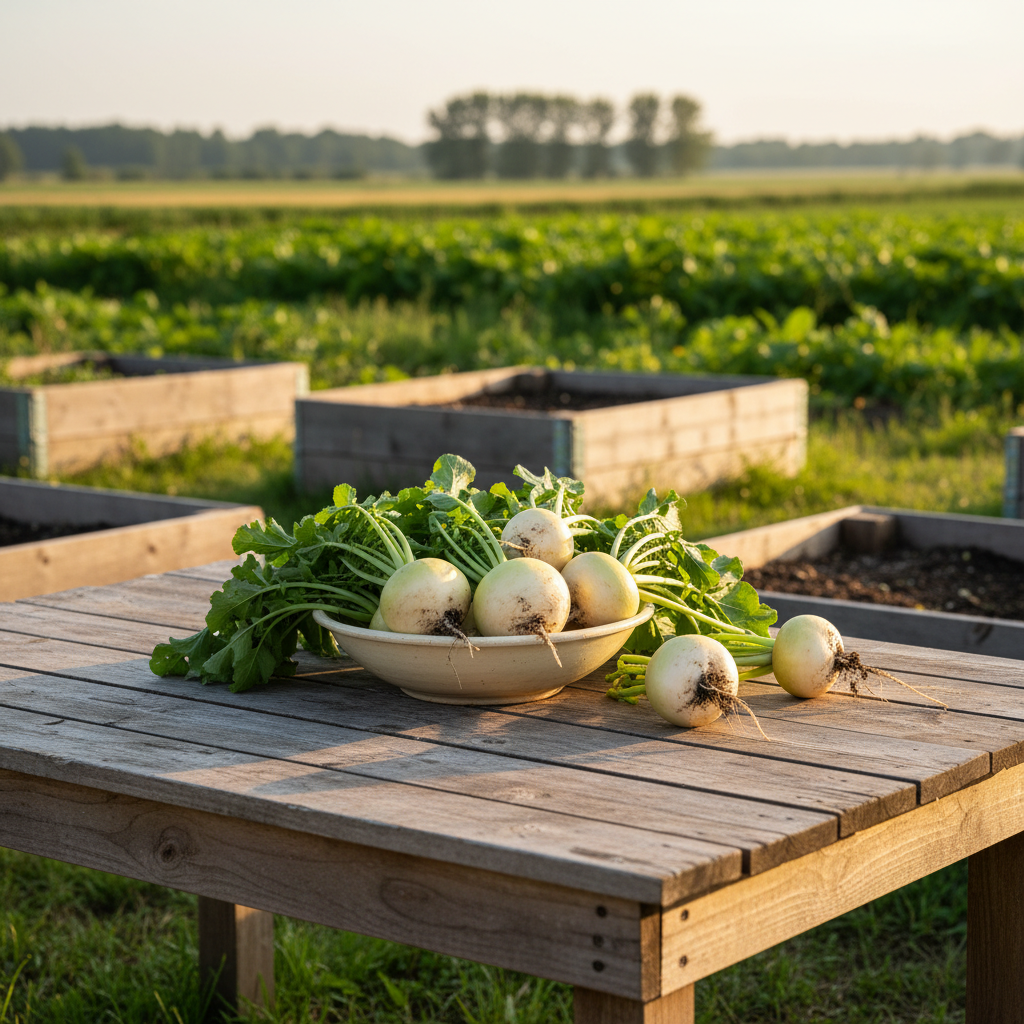 Freshly harvested white Shogoin turnips on a rustic wooden table with angled raised beds, indistinct green vegetation, and a distant treeline.