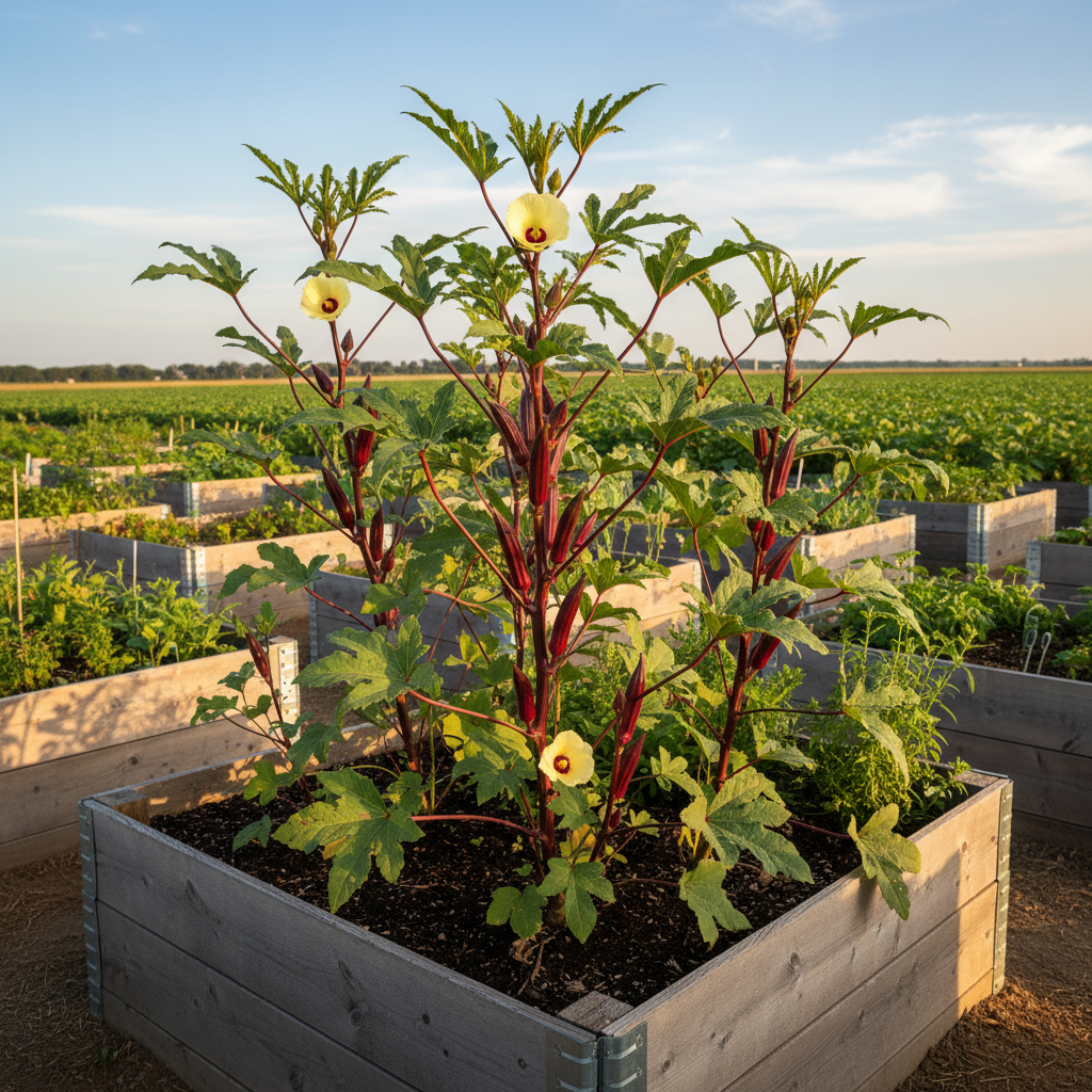 Red Burgundy okra plants with burgundy pods and pale flowers in a raised garden bed