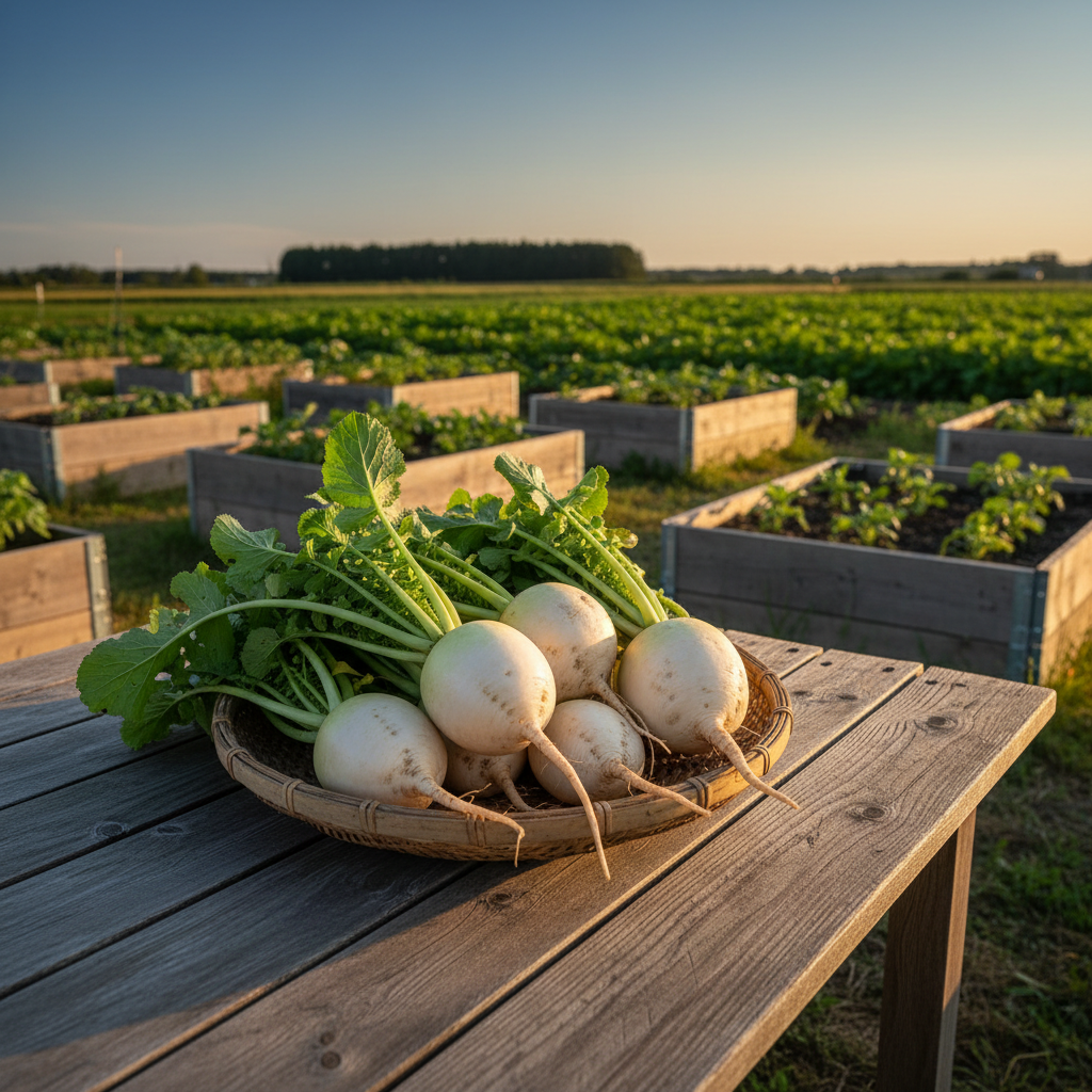 Harvested Japanese Tennouji Kabura turnips with greens in a basket on a rustic farm table