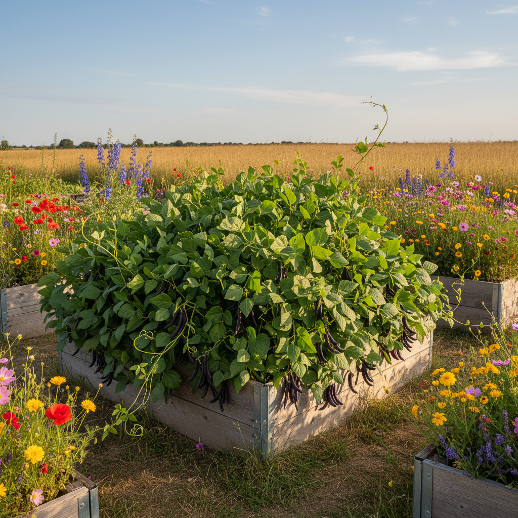 Black Turtle Bean plants growing in raised bed with colorful mixed flowers in background